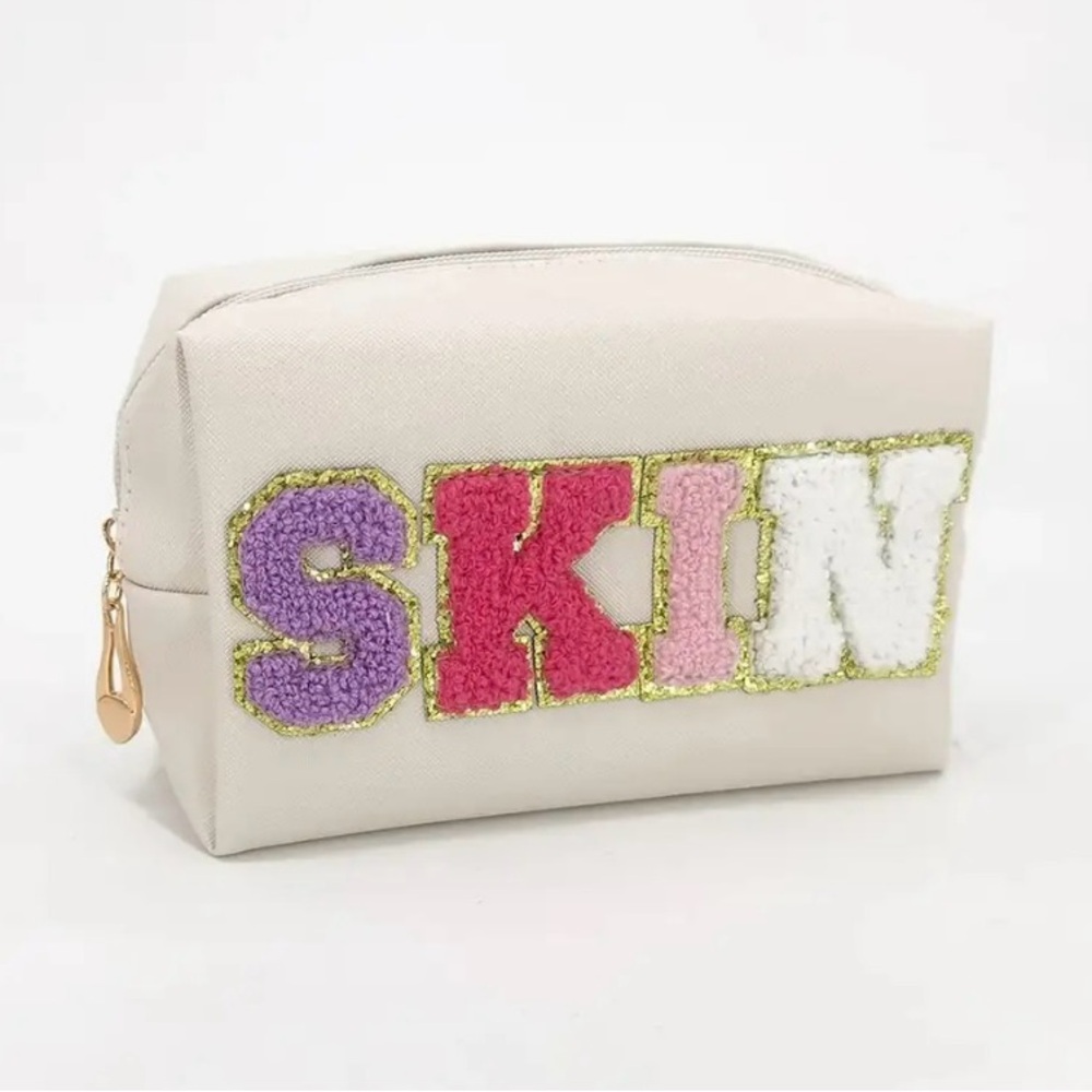 Cream “Skin” Cosmetic Makeup Bag, Patch Chenille Letter. Multi-colored